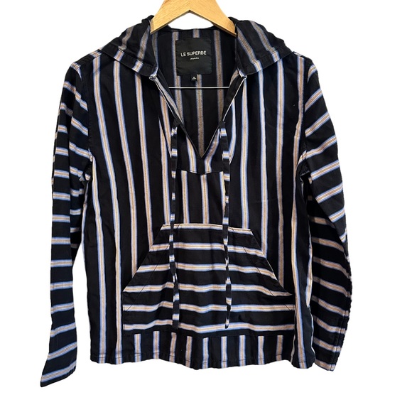 Le Superbe Le Duke Baja Top Blue stripe hoodie 100% tunic cotton Size 0 - Picture 1 of 4